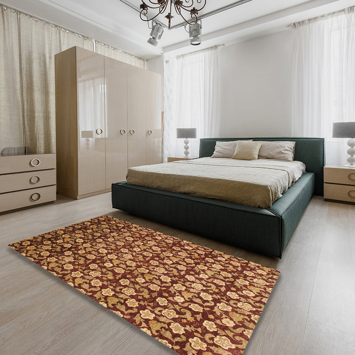 Machine Washable Abstract Saffron Red Rug in a Bedroom, wshabs1488