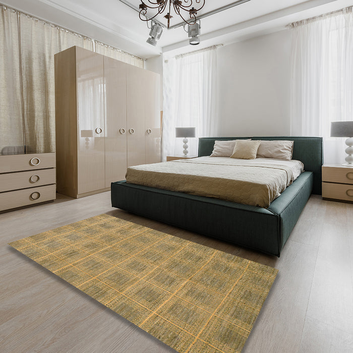 Abstract Gold Checkered Rug in a Bedroom, abs1494