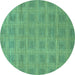 Round Machine Washable Checkered Turquoise Modern Area Rugs, wshabs1494turq
