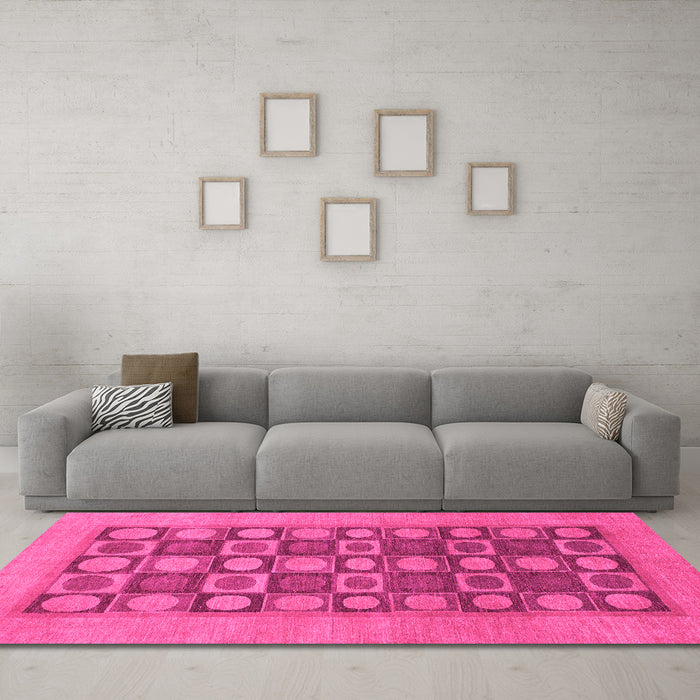 Machine Washable Checkered Pink Modern Rug in a Living Room, wshabs1499pnk