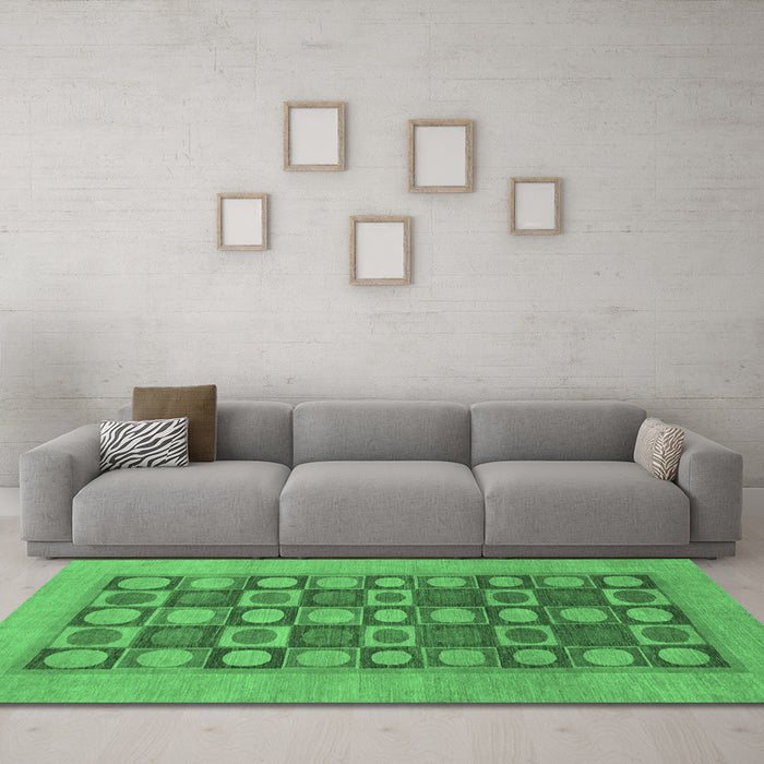 Machine Washable Checkered Emerald Green Modern Area Rugs in a Living Room,, wshabs1499emgrn