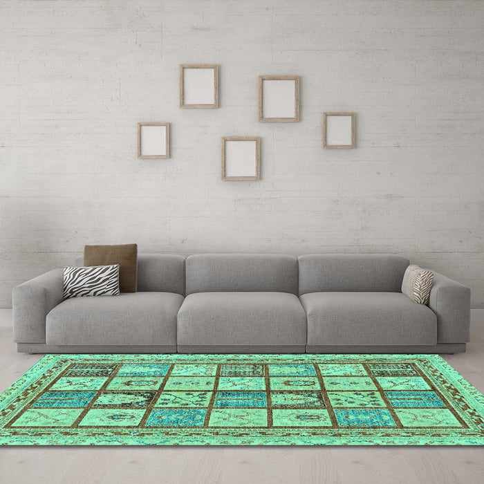 Machine Washable Abstract Turquoise Modern Area Rugs in a Living Room,, wshabs149turq