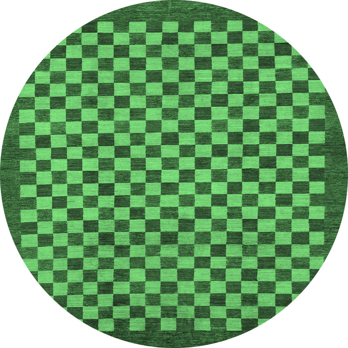 Round Machine Washable Checkered Emerald Green Modern Area Rugs, wshabs1500emgrn