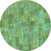 Round Machine Washable Patchwork Turquoise Transitional Area Rugs, wshabs1504turq