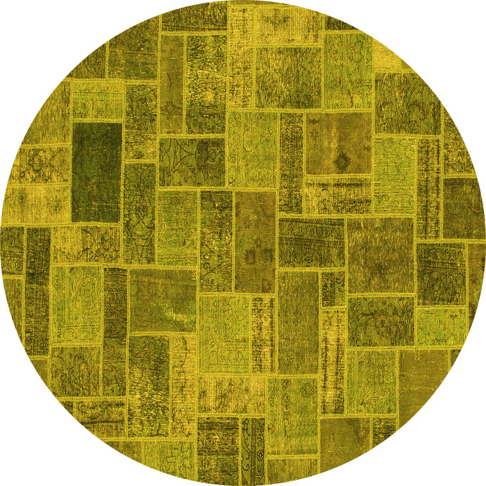 Round Machine Washable Patchwork Yellow Transitional Rug, wshabs1505yw