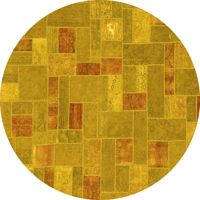 Round Machine Washable Patchwork Yellow Transitional Rug, wshabs1508yw