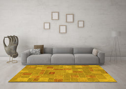 Machine Washable Patchwork Yellow Transitional Rug in a Living Room, wshabs1508yw
