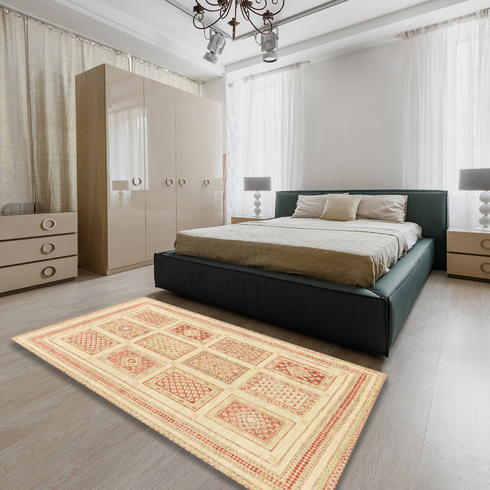 Abstract Brown Gold Modern Rug in a Bedroom, abs150