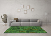 Machine Washable Patchwork Green Transitional Rug, wshabs1511grn