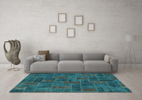 Machine Washable Patchwork Turquoise Transitional Rug, wshabs1511turq