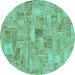 Round Machine Washable Patchwork Turquoise Transitional Area Rugs, wshabs1512turq