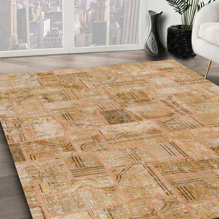 Abstract Orange Patchwork Rug in Family Room, abs1512