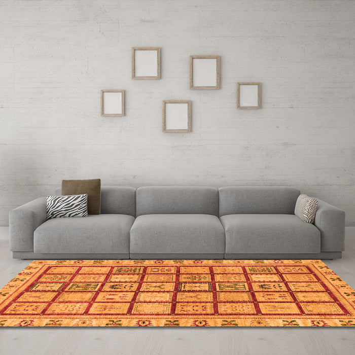 Machine Washable Abstract Orange Modern Area Rugs in a Living Room, wshabs151org