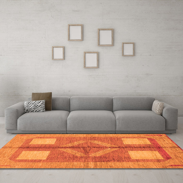 Machine Washable Abstract Orange Modern Area Rugs in a Living Room, wshabs1548org