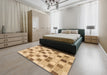 Abstract Chocolate Brown Checkered Rug in a Bedroom, abs1569