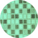 Round Machine Washable Checkered Turquoise Modern Area Rugs, wshabs1569turq