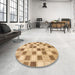 Round Abstract Chocolate Brown Checkered Rug in a Office, abs1569