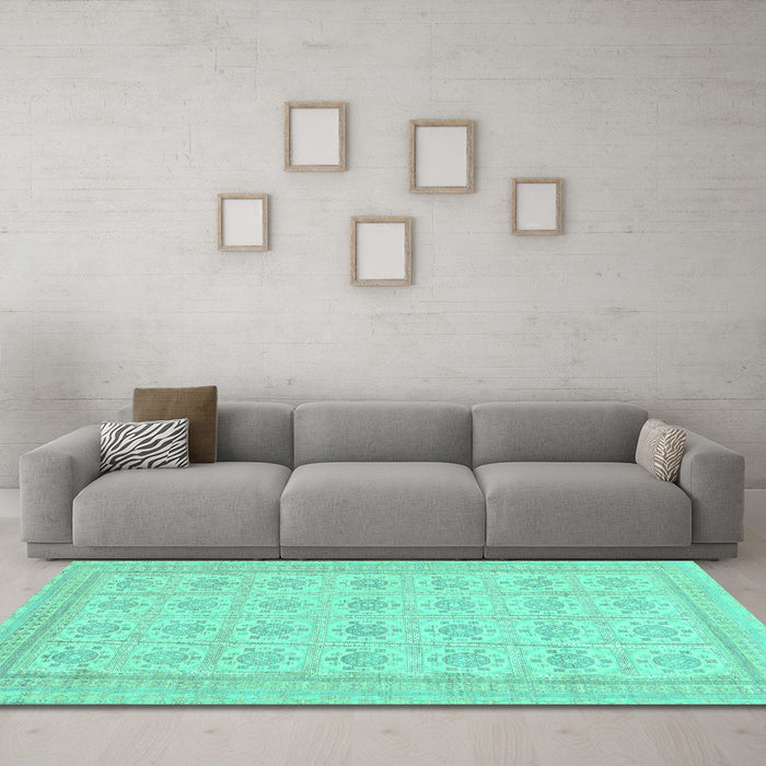 Machine Washable Abstract Turquoise Modern Area Rugs in a Living Room,, wshabs156turq
