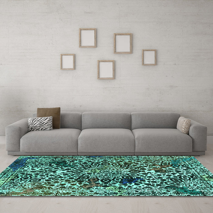 Machine Washable Abstract Turquoise Modern Area Rugs in a Living Room,, wshabs1603turq