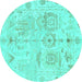 Round Machine Washable Abstract Turquoise Modern Area Rugs, wshabs1609turq