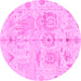 Round Machine Washable Abstract Pink Modern Rug, wshabs1609pnk