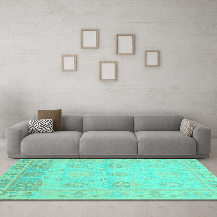 Machine Washable Oriental Turquoise Traditional Area Rugs in a Living Room,, wshabs1611turq