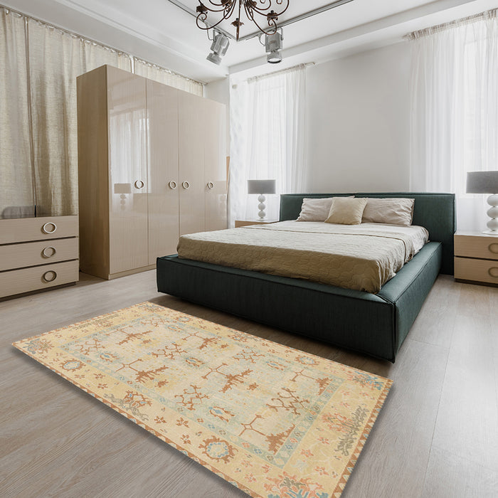 Abstract Brown Sand Brown Oriental Rug in a Bedroom, abs1612