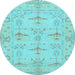 Round Machine Washable Oriental Light Blue Traditional Rug, wshabs1612lblu