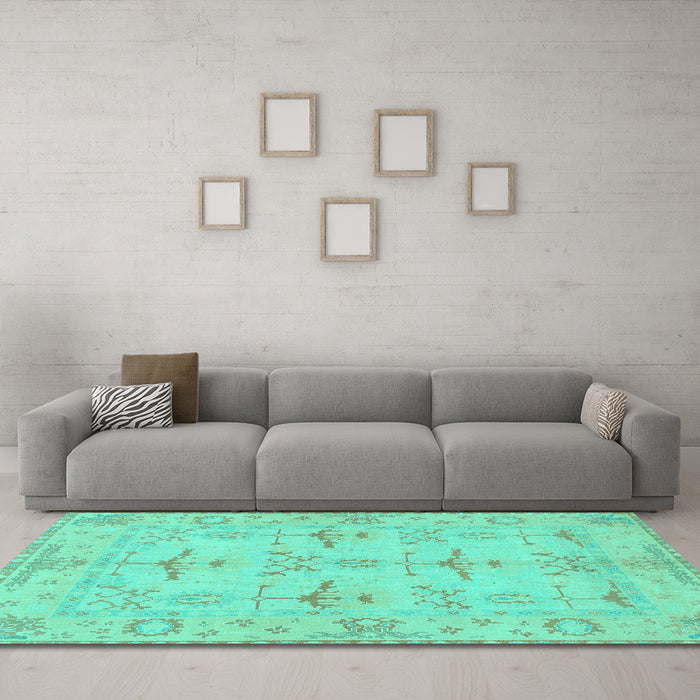 Machine Washable Oriental Turquoise Traditional Area Rugs in a Living Room,, wshabs1612turq