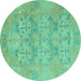 Round Machine Washable Oriental Turquoise Traditional Area Rugs, wshabs1613turq
