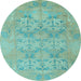 Round Machine Washable Oriental Light Blue Traditional Rug, wshabs1613lblu