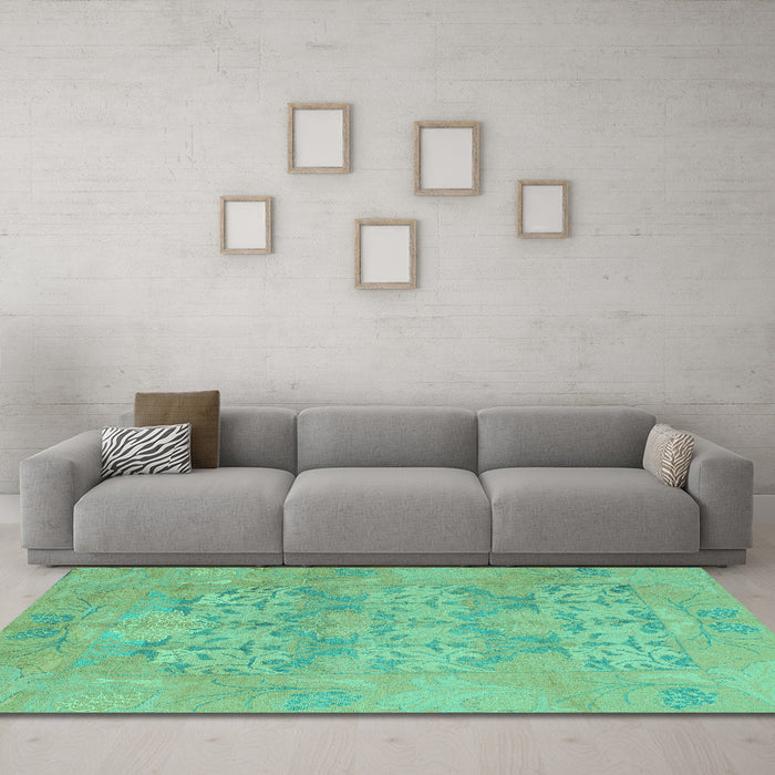 Machine Washable Oriental Turquoise Traditional Area Rugs in a Living Room,, wshabs1613turq