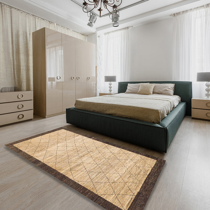 Abstract Dark Gold Brown Modern Rug in a Bedroom, abs1633