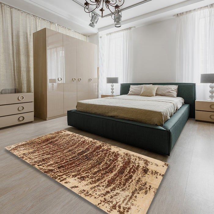 Machine Washable Abstract Dark Sienna Brown Rug in a Bedroom, wshabs1634
