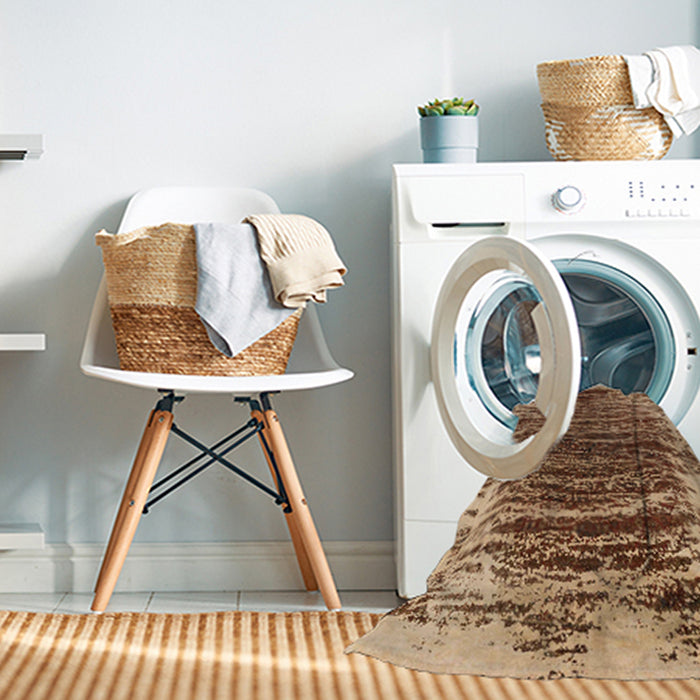 Machine Washable Abstract Dark Sienna Brown Rug in a Washing Machine, wshabs1634