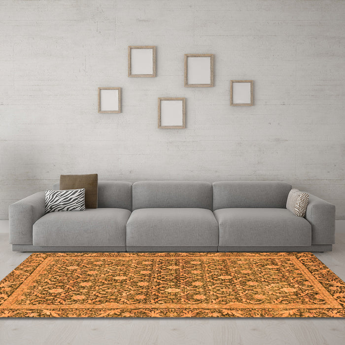 Machine Washable Abstract Orange Modern Area Rugs in a Living Room, wshabs1636org