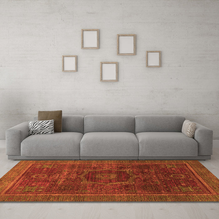 Machine Washable Abstract Orange Modern Area Rugs in a Living Room, wshabs1637org