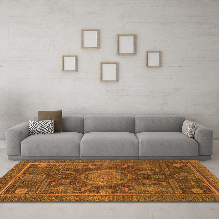Machine Washable Abstract Orange Modern Area Rugs in a Living Room, wshabs1638org