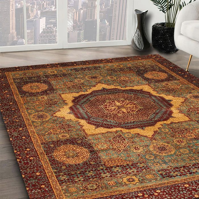 Machine Washable Abstract Saffron Red Rug in a Family Room, wshabs1641