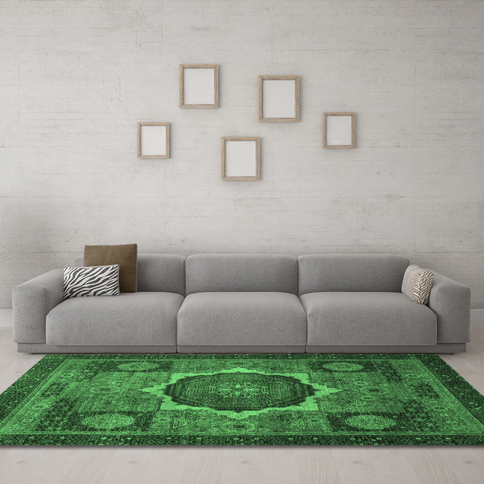 Machine Washable Abstract Emerald Green Modern Area Rugs in a Living Room,, wshabs1641emgrn