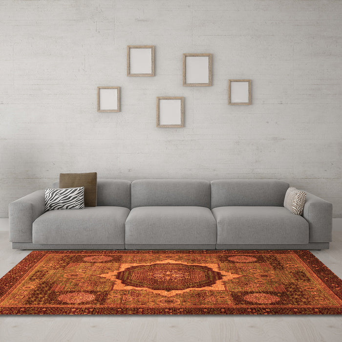 Machine Washable Abstract Orange Modern Area Rugs in a Living Room, wshabs1641org