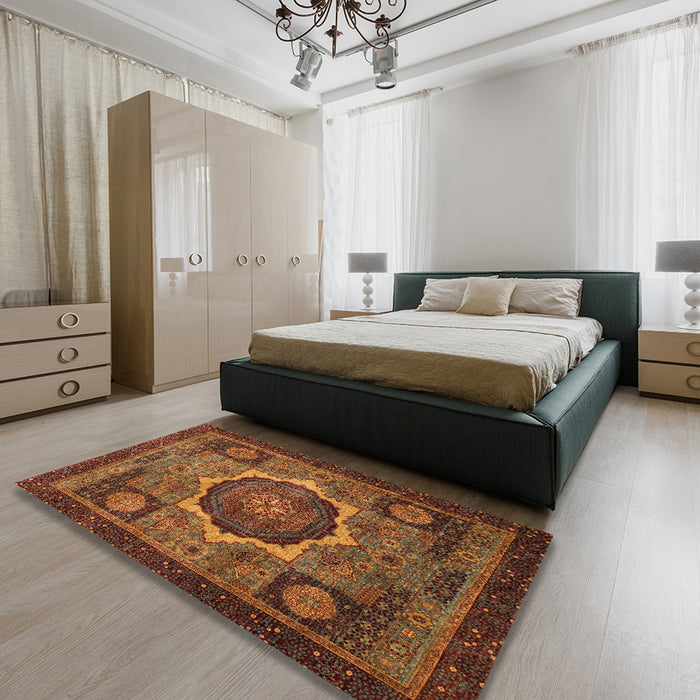 Machine Washable Abstract Saffron Red Rug in a Bedroom, wshabs1641