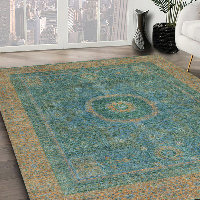 Machine Washable Abstract Hazel Green Rug in a Family Room, wshabs1644