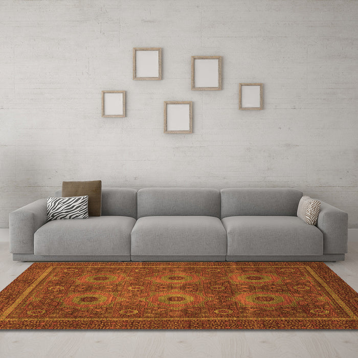 Machine Washable Abstract Orange Modern Area Rugs in a Living Room, wshabs1646org
