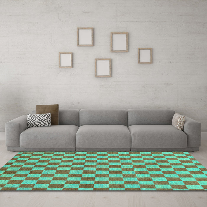 Machine Washable Checkered Turquoise Modern Area Rugs in a Living Room,, wshabs164turq