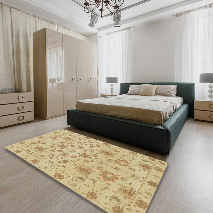 Abstract Gold Oriental Rug in a Bedroom, abs1656