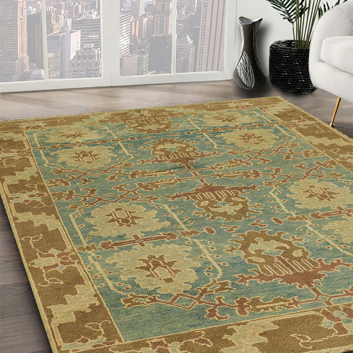 Abstract Copper Green Oriental Rug in Family Room, abs1658
