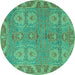 Round Machine Washable Oriental Turquoise Traditional Area Rugs, wshabs1658turq