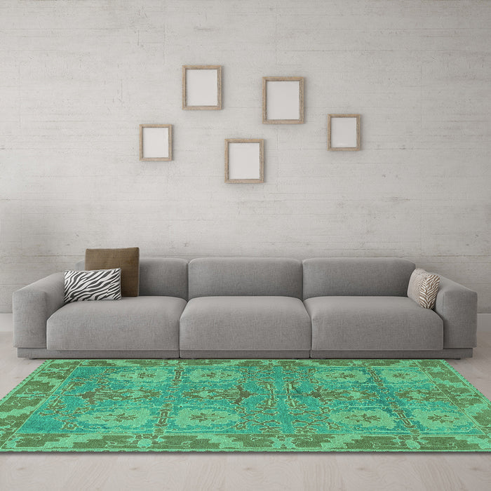 Machine Washable Oriental Turquoise Traditional Area Rugs in a Living Room,, wshabs1658turq