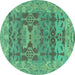 Round Machine Washable Oriental Turquoise Traditional Area Rugs, wshabs1659turq